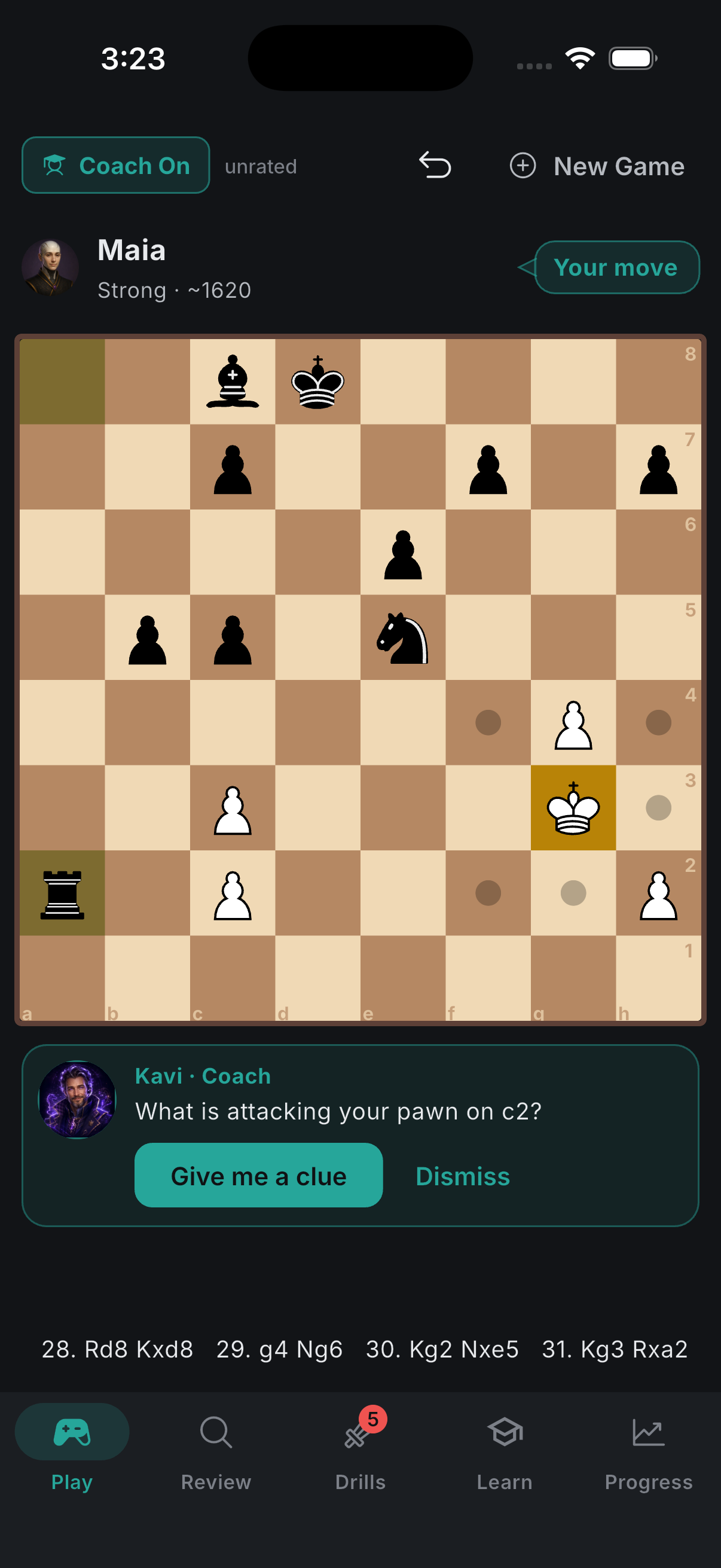 In-game coach asking a guiding question during a live game against Maia