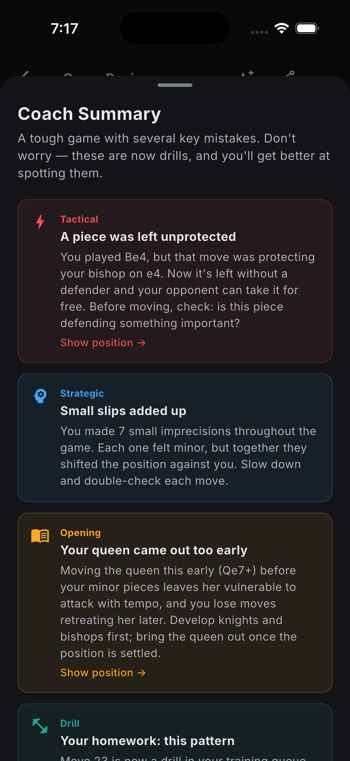 Coach summary screen