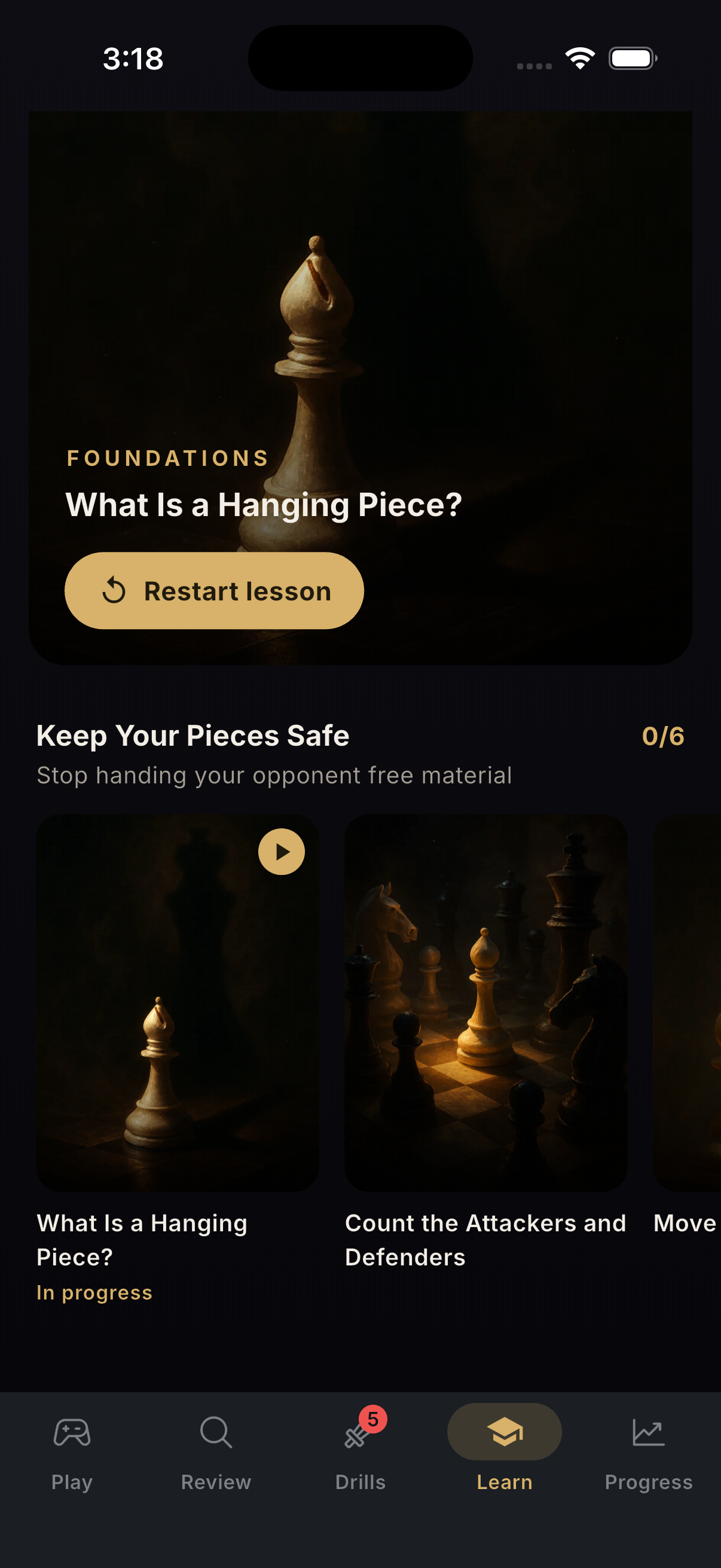 BlunderZero's cinematic Academy: guided lessons like ‘What Is a Hanging Piece?’ shown on a phone