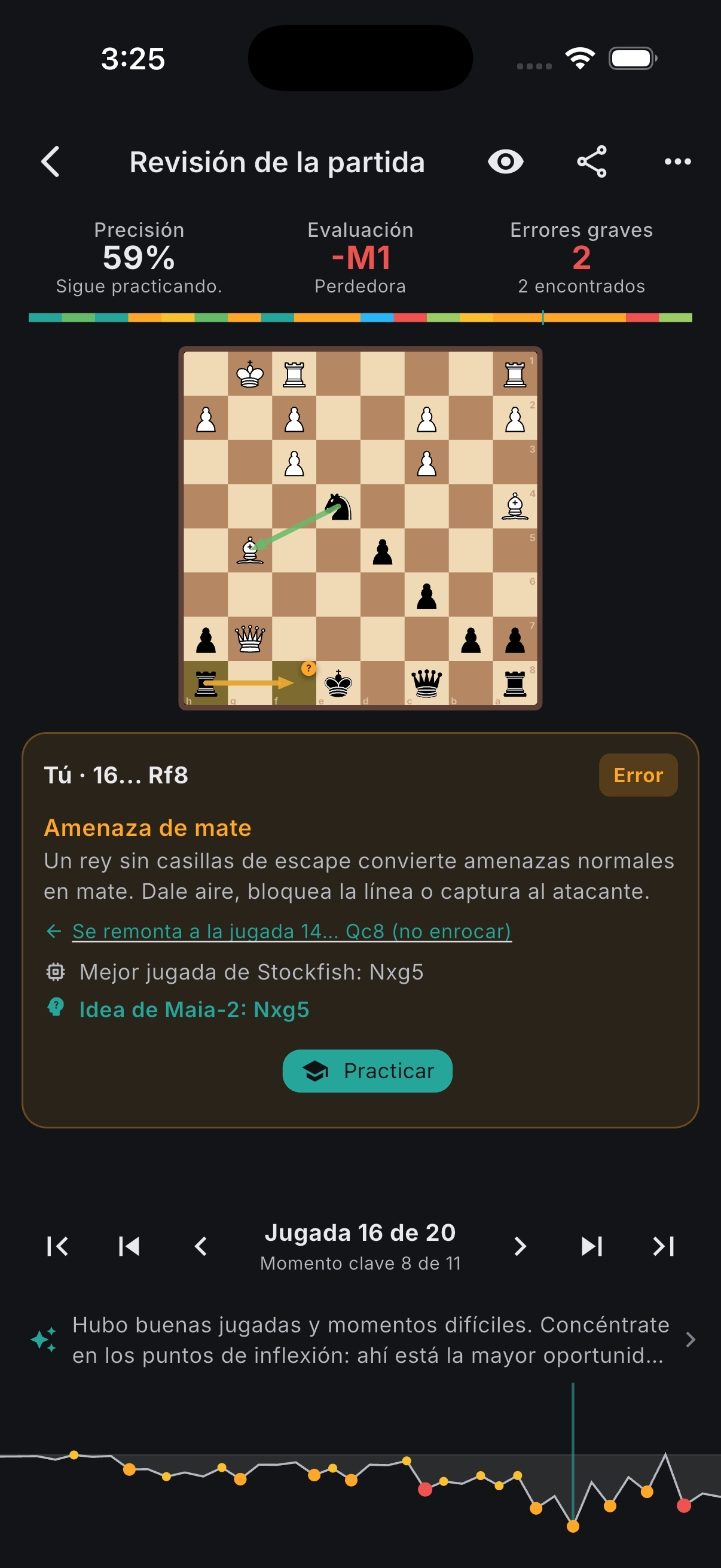 Game review with the coach's mistake explanation written in Spanish